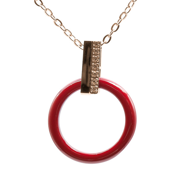 Collier en acier inoxydable rosé & céramique rouge, zircons et motif cercle