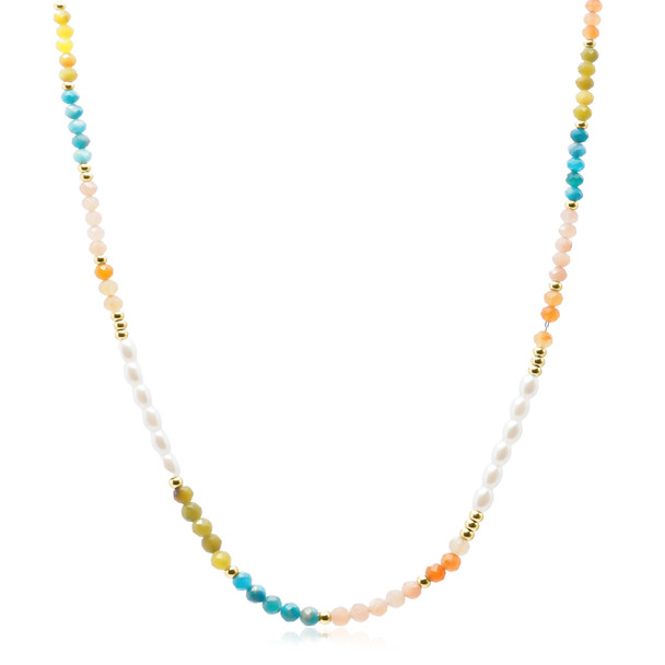 Collier en acier inoxydable doré & perles coqu. natur. et pierres