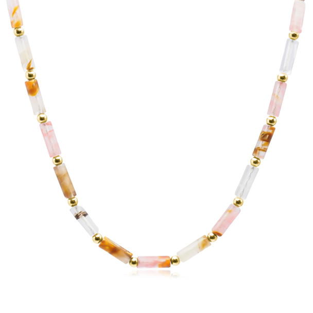 Collier en acier inoxydable doré & tube quartz pastèque