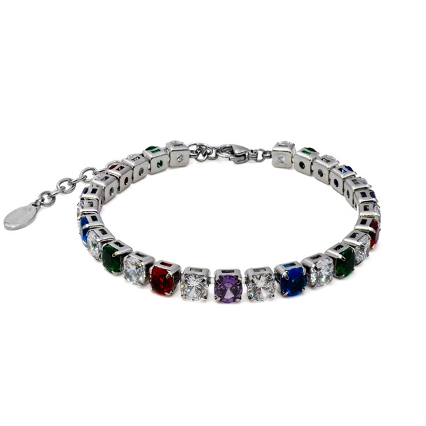 Bracelet en acier inoxydable & zircons blanc et violet et bleu et rouge