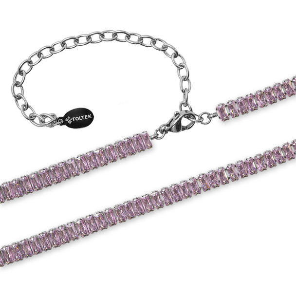 Collier en acier inoxydable & zircons roses facettés