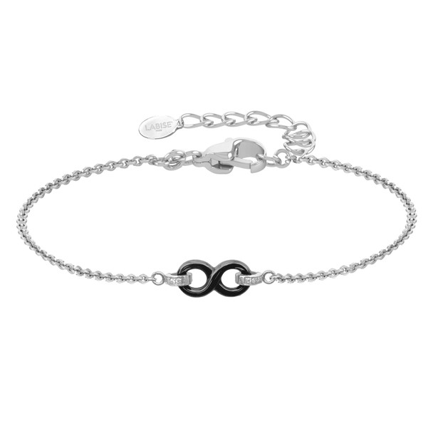 Bracelet en acier inoxydable & céramique noire, zircons et motif infini