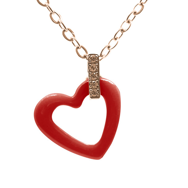 Collier en acier inoxydable rosé & céramique rouge, zircons et motif cœur