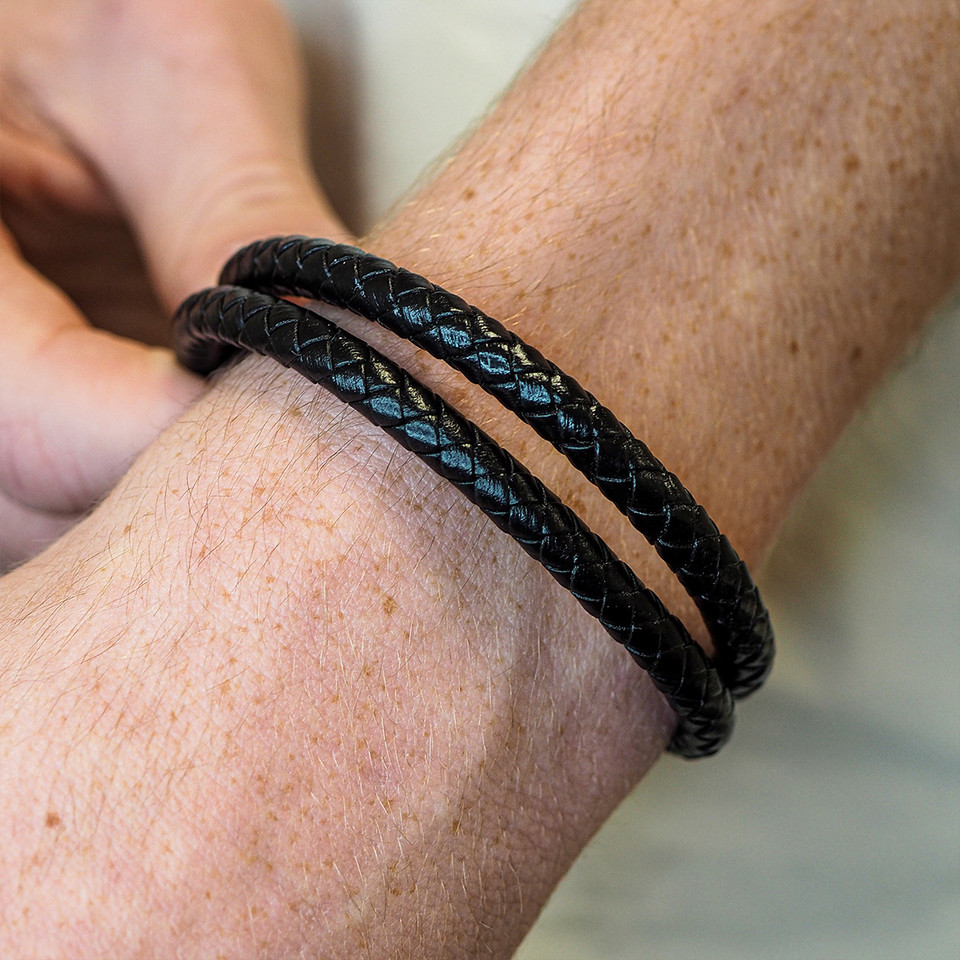 Bracelet Acier simili Cuir Tressé Noir- réglable