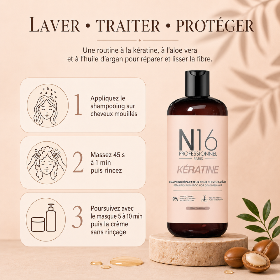 Shampooing Réparateur Kératine Cheveux Abîmés N16 Professionnel 500 ml - hairStore.fr