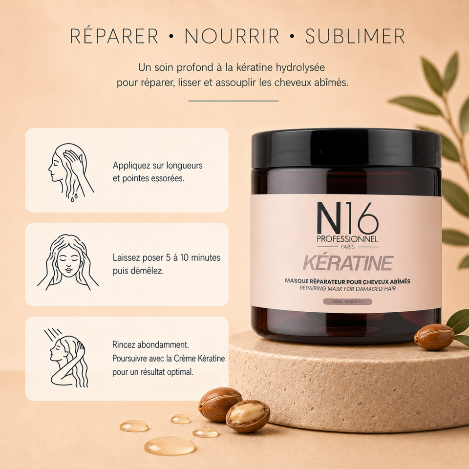 Masque Réparateur Kératine cheveux abîmés N16 Professionnel 500 ml