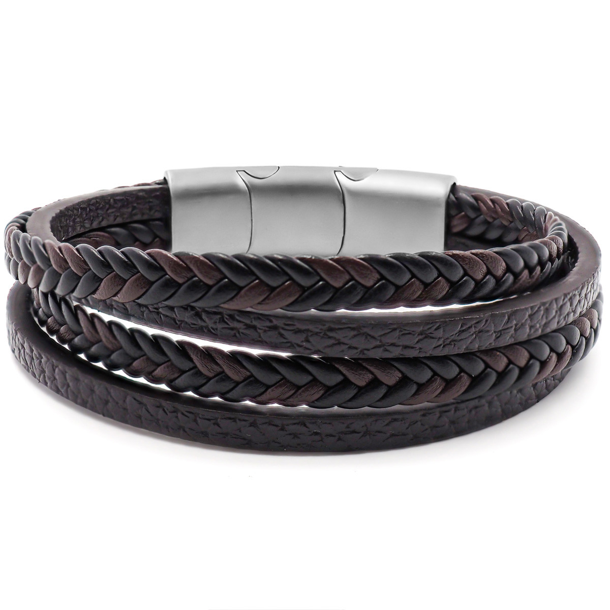 Bracelet Acier simili Cuir - 2 rangs tressés marrons et noirs