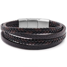 Bracelet Acier simili Cuir - 2 rangs tressés marrons et noirs