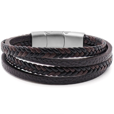 Bracelet "Earth" Acier Simili Cuir - 2 Rangs Tressés Marrons et Noirs