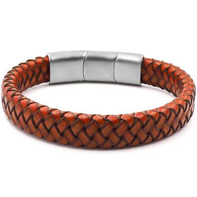Bracelet "Solar" Acier - Simili Cuir Tressé Orange
