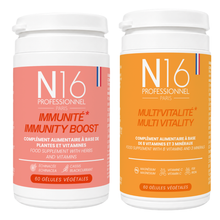  Vital Boost N16 Professionnel composé des compléments alimentaires Multi'Vitalité et Immunité, associés à des agrumes et du cassis, pour soutenir l'énergie, la vitalité et les défenses naturelles au quotidien.