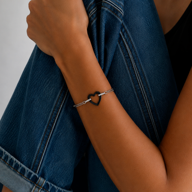 Bracelet en acier inoxydable & céramique noire, zircons et motif cœur