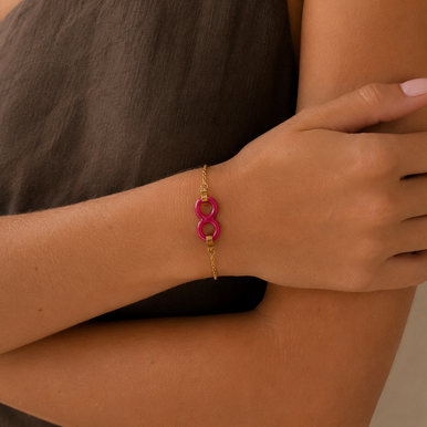 Bracelet en acier inoxydable doré & céramique rouge, zircons et motif infini
