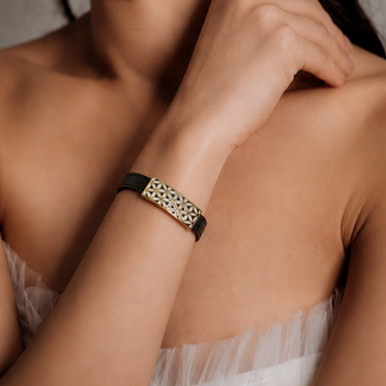 Bracelet en acier inoxydable PVD doré & émail et cuir noir et bracelet montre régl