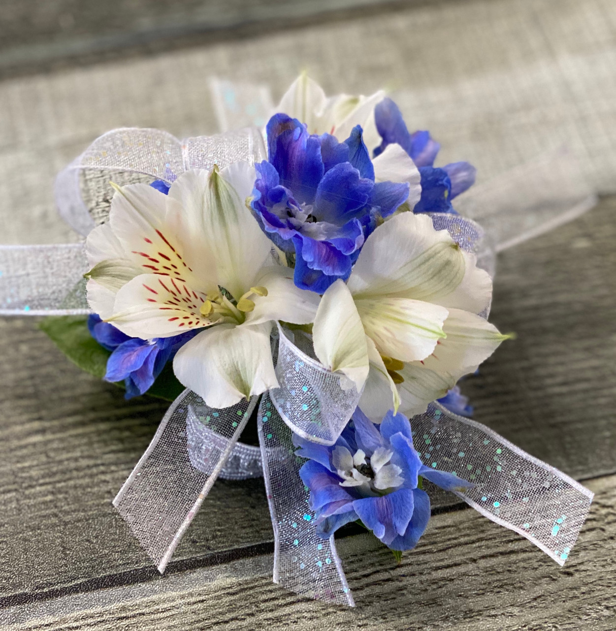 Blue & White Wrist Corsage - Belvedere Flowers of Havertown PA