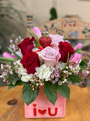 "I Heart U" Cube with Roses, Tulips & Hydrangeas