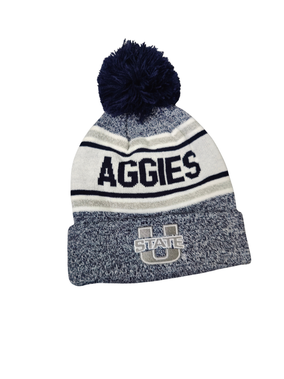 Heather Blue striped pom pom aggies beanie