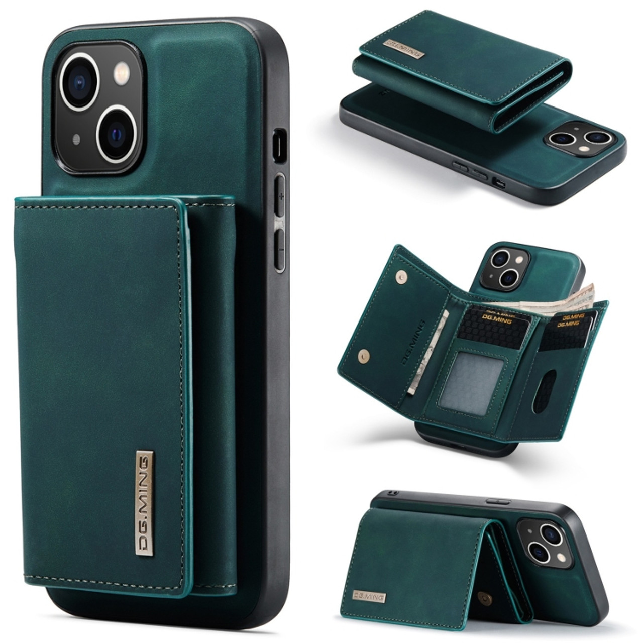 iPhone 15 DG.MING M1 Series 3-Fold Multi Card Wallet Leather Phone Case -  Green