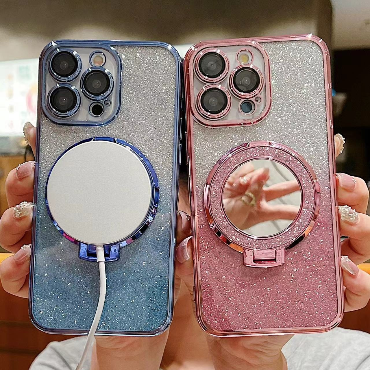 iPhone 13 Pro Max Plated Mirror Holder Gradient Glitter MagSafe Phone ...
