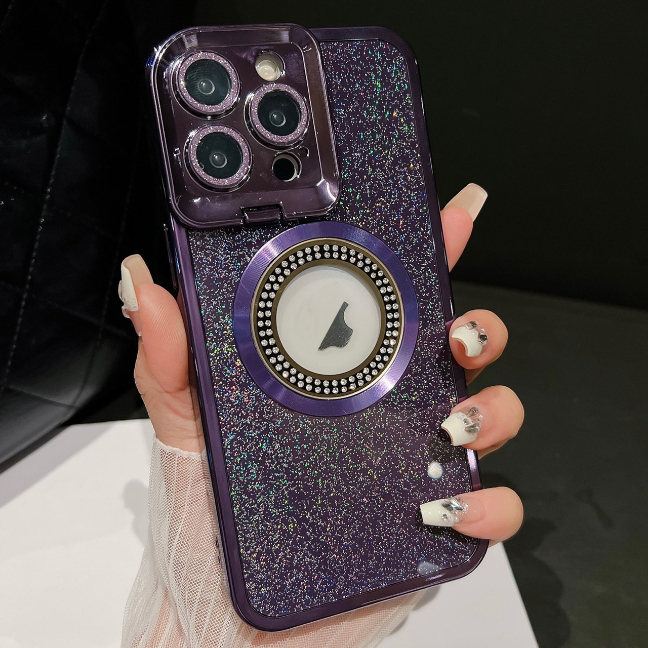 iPhone 13 Pro Max Starry Glitter MagSafe Lens Holder Phone Case - Purple