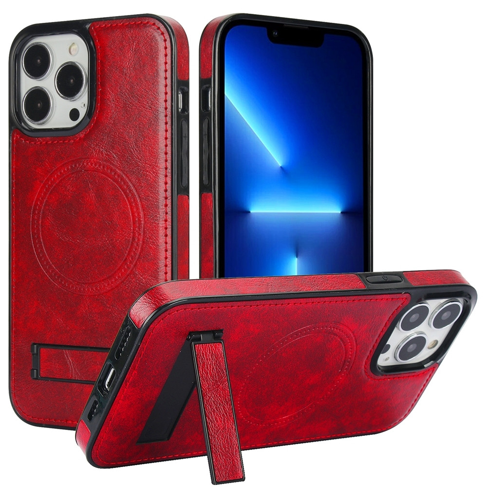 iPhone 13 Pro Max Retro Leather Invisible Stand MagSafe Phone Case - Red