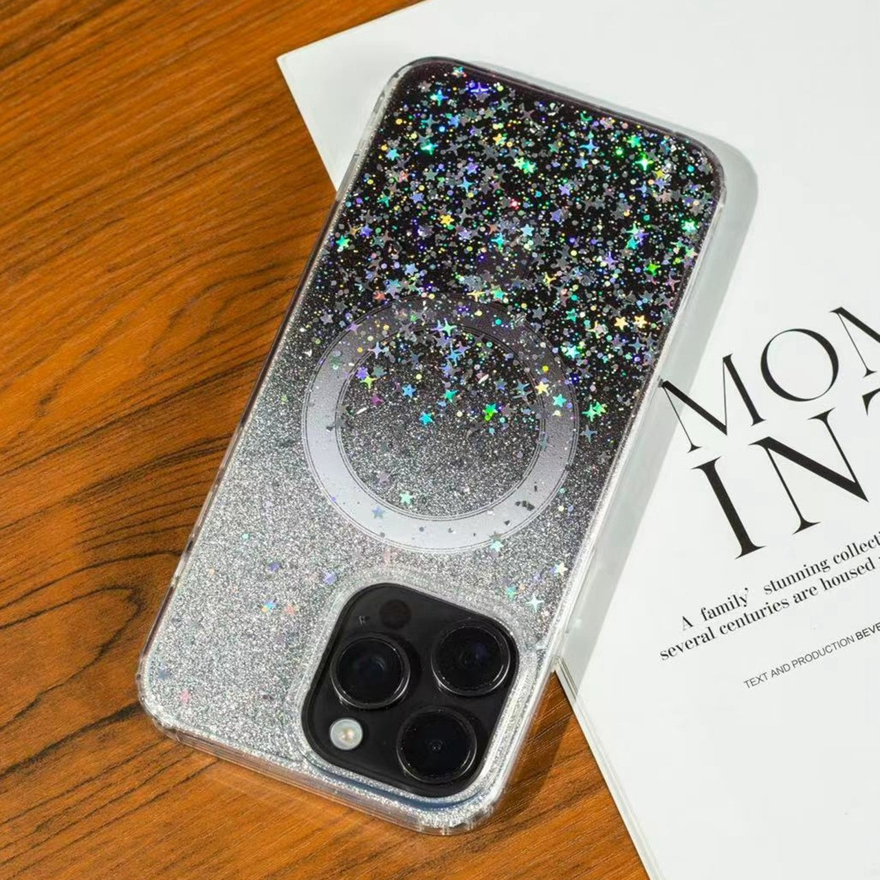 iPhone 13 Pro Gradient Glitter Starry MagSafe Phone Case - Gradient Black