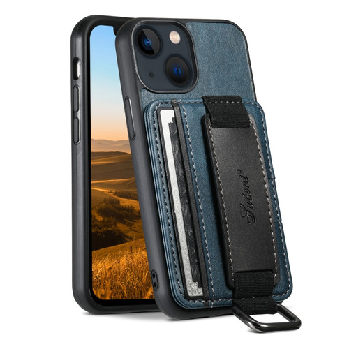iPhone 13 mini Suteni H13 Card Wallet Wrist Strap Holder PU Phone Case - Blue