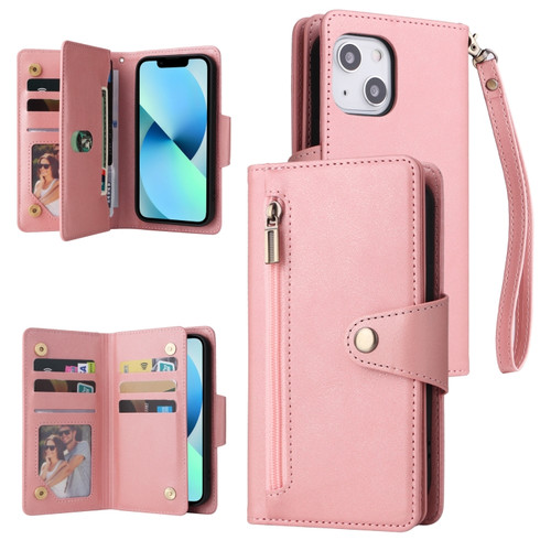 iPhone 13 mini Rivet Buckle 9 Cards Three Fold Leather Phone Case  - Rose Gold