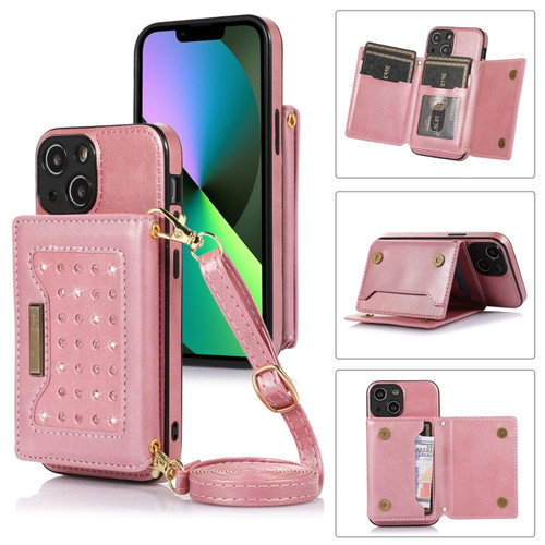 iPhone 13 Mini Three-fold RFID Leather Phone Case with Lanyard - Rose Gold