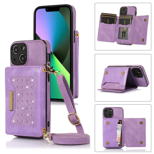 iPhone 13 Mini Three-fold RFID Leather Phone Case with Lanyard - Purple