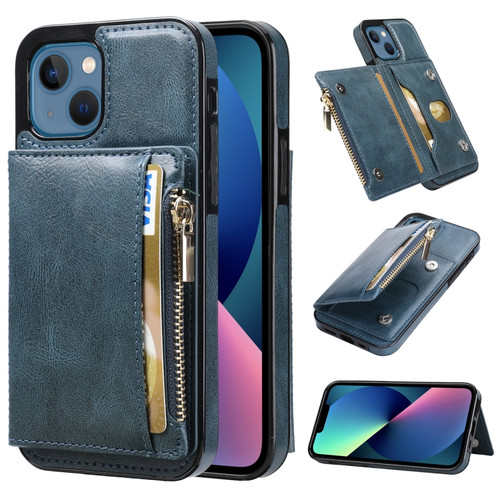 iPhone 13 mini Zipper Wallet Bag PU Back Cover Shockrpoof Phone Case with Holder & Card Slots & Wallet  - Blue