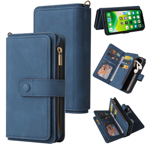 iPhone 13 mini Skin Feel PU + TPU Horizontal Flip Leather Case with Holder & 15 Cards Slot & Wallet & Zipper Pocket & Lanyard  - Blue