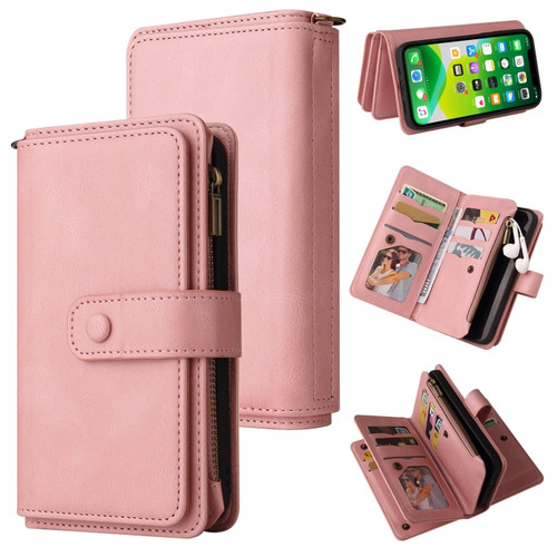 iPhone 13 mini Skin Feel PU + TPU Horizontal Flip Leather Case with Holder & 15 Cards Slot & Wallet & Zipper Pocket & Lanyard  - Pink