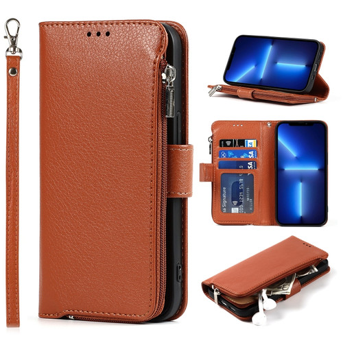 iPhone 13 mini Microfiber Zipper Horizontal Flip Leather Case with Holder & Card Slots & Wallet  - Brown