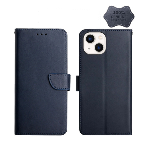 iPhone 13 mini Genuine Leather Fingerprint-proof Horizontal Flip Phone Case  - Blue