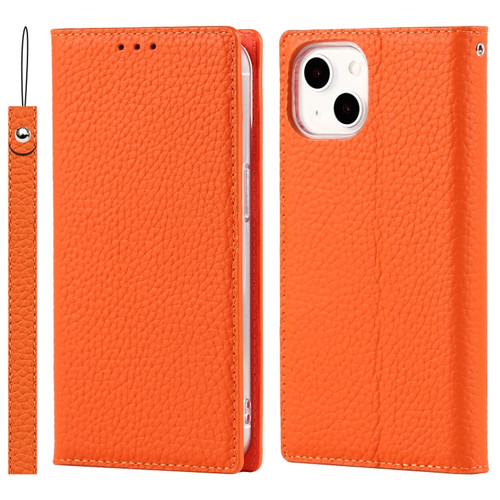 iPhone 13 mini Litchi Texture Genuine Leather Phone Case With Lanyard & Holder & Card Slots & Wallet  - Orange