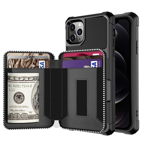 iPhone 12 / 12 Pro Zipper Wallet Card Bag PU Back Case - Black