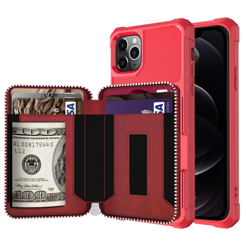 iPhone 12 / 12 Pro Zipper Wallet Card Bag PU Back Case - Red