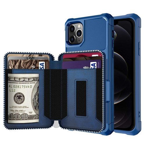 iPhone 12 / 12 Pro Zipper Wallet Card Bag PU Back Case - Blue