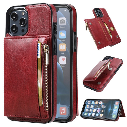 iPhone 12 / 12 Pro Zipper Wallet Bag PU Back Cover Shockrpoof Phone Case with Holder & Card Slots & Wallet - Red