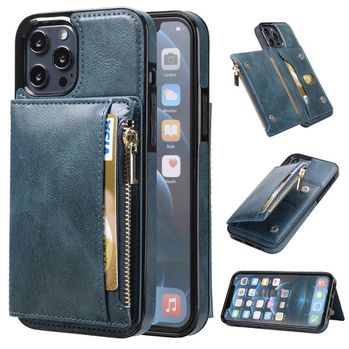 iPhone 12 / 12 Pro Zipper Wallet Bag PU Back Cover Shockrpoof Phone Case with Holder & Card Slots & Wallet - Blue