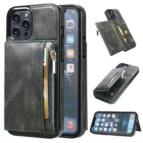iPhone 12 / 12 Pro Zipper Wallet Bag PU Back Cover Shockrpoof Phone Case with Holder & Card Slots & Wallet - Green