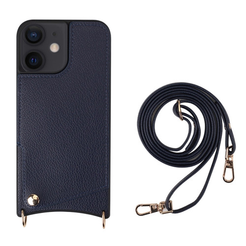 iPhone 12 / 12 Pro Fish Tail Card Slot PU + TPU Phone Case with Long Lanyard - Dark Blue