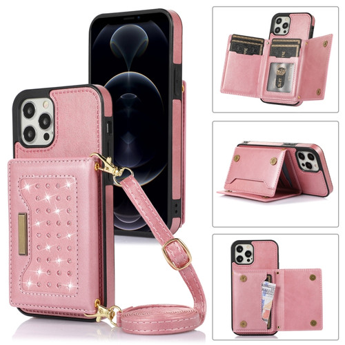 iPhone 12 Pro Three-fold RFID Leather Phone Case with Lanyard - Rose Gold