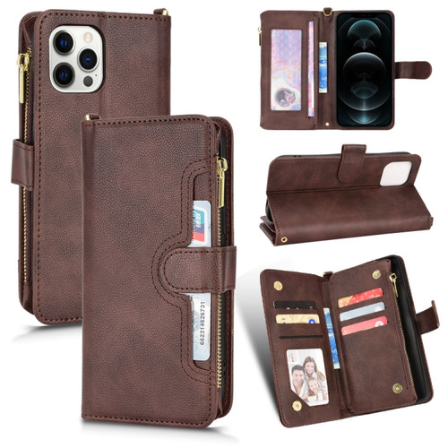 iPhone 12 / 12 Pro Litchi Texture Zipper Leather Phone Case - Brown