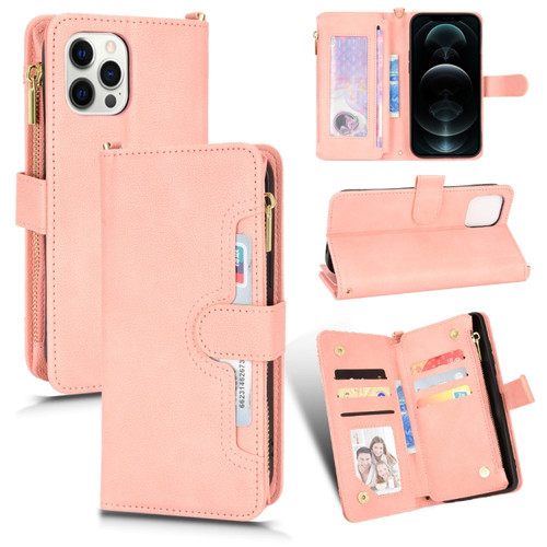 iPhone 12 / 12 Pro Litchi Texture Zipper Leather Phone Case - Pink