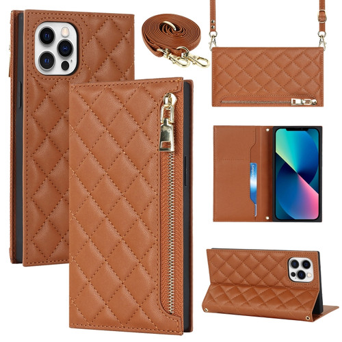iPhone 12 / 12 Pro Grid Texture Lanyard Zipper Leather Phone Case - Brown
