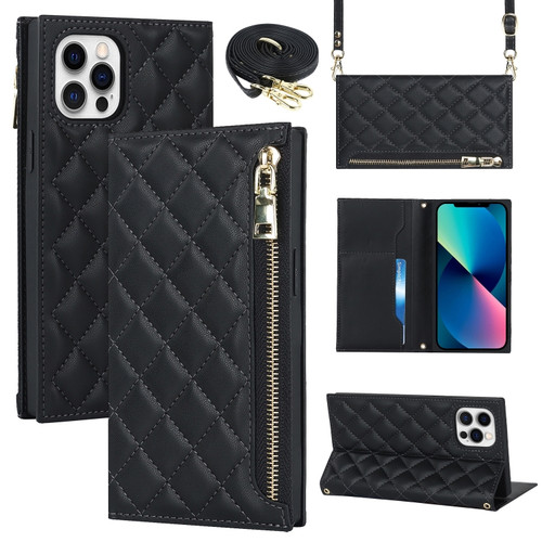 iPhone 12 / 12 Pro Grid Texture Lanyard Zipper Leather Phone Case - Black