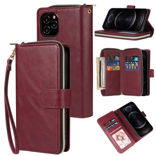 iPhone 12 / 12 Pro Zipper Wallet Bag Horizontal Flip PU Leather Case with Holder & 9 Card Slots & Wallet & Lanyard & Photo Frame - Wine Red