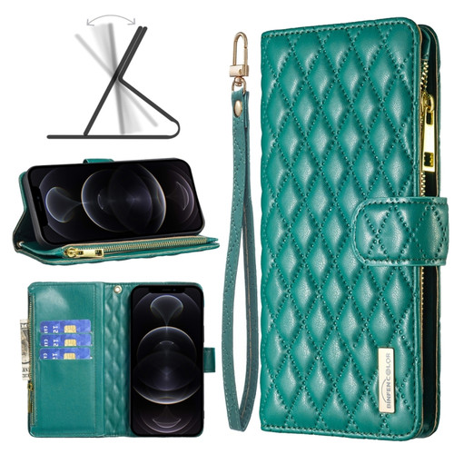 iPhone 12 / 12 Pro Diamond Lattice Zipper Wallet Leather Flip Phone Case - Green